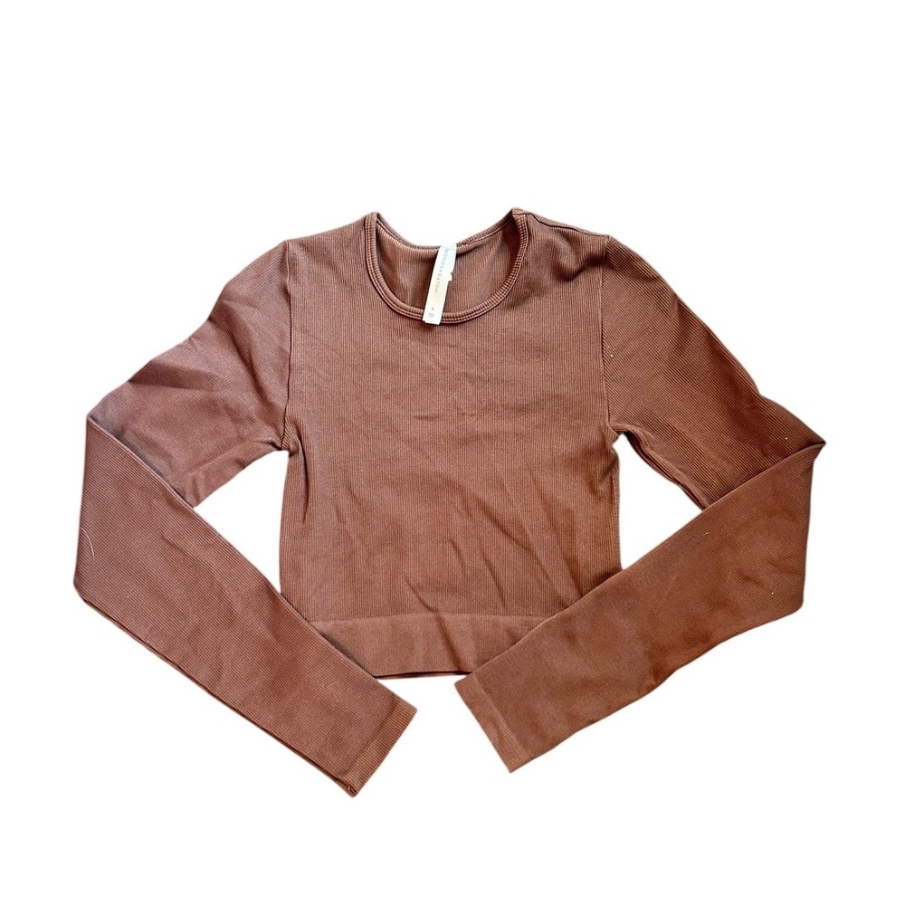 Babaton The Group Brown Ribbed‎ Seamless Long Sleeve Crop Top Womens Size Small